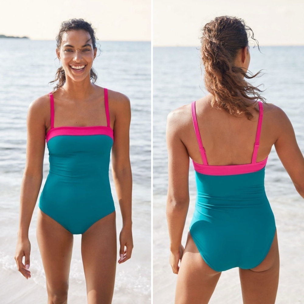 Boden Teal One-Piece Swimsuit with Pink Trim